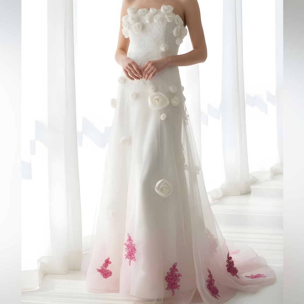 Ivory/Pink Ombre Rosette Corset Back Wedding Dress --‎ XS